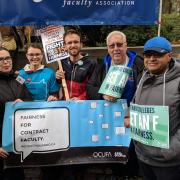 Photo of attendees at rally, including OCUFA and UTFA staff and executive members.